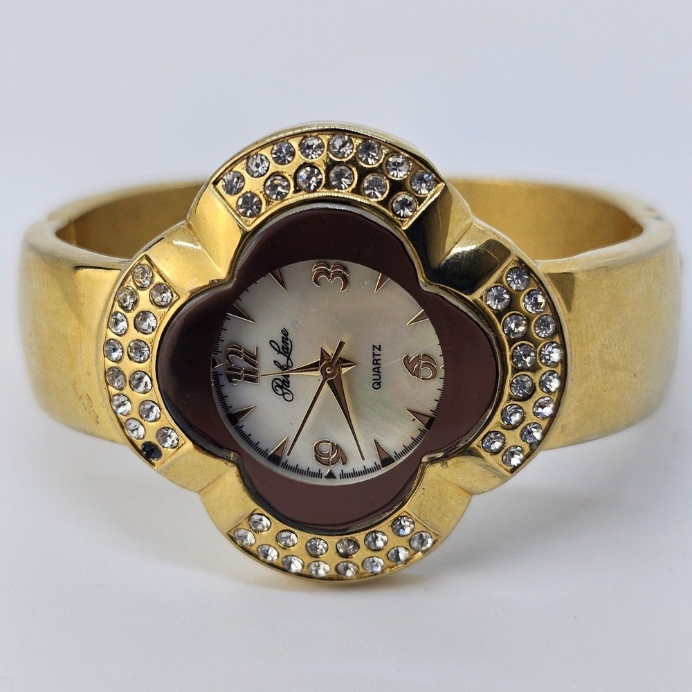 Park Lane Women Cuff Watch 38MM Crystal Bezel MOP‎ Dial Gold Band 6" New Battery
